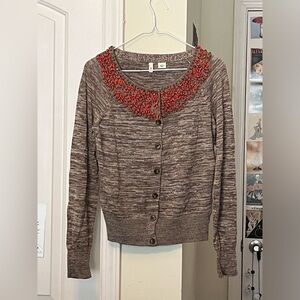 Moth Brown With Coral Beaded Cardigan